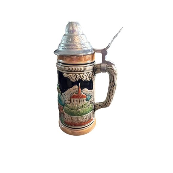 W. Germany Other - Vintage W Germany Lidded Beer Stein Ceramic Relief Alpine Village Scene Hunter
